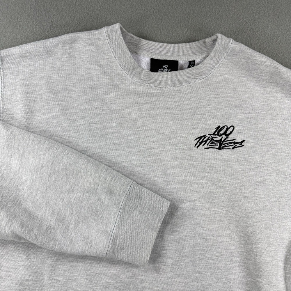 100 Thieves Crewneck Sweatshirt Gray Embroidered Logo Mens 2XL Gaming Streetwear